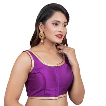 Purple Plain Dupion Silk Golden Lace Sleeveless Readymade blouse 3