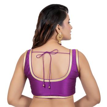 Purple Plain Dupion Silk Golden Lace Sleeveless Readymade blouse 4
