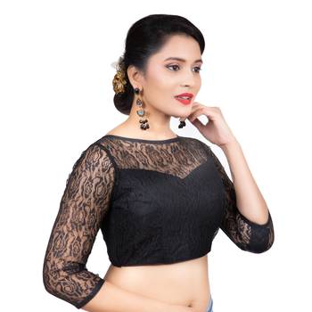 Black Net Butter Crepe 3/4Th Sleeves Readymade blouse 3