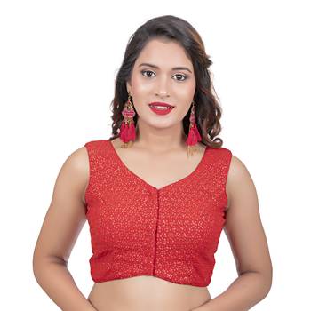 Red V Neck Tikkli Work Cotton Sleeveless Readymade blouse 1