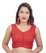 Red V Neck Tikkli Work Cotton Sleeveless Readymade blouse