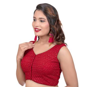Red V Neck Tikkli Work Cotton Sleeveless Readymade blouse 2