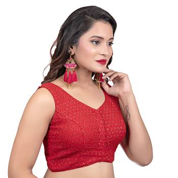 Red V Neck Tikkli Work Cotton Sleeveless Readymade blouse 3