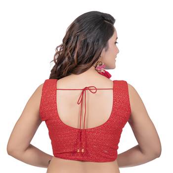 Red V Neck Tikkli Work Cotton Sleeveless Readymade blouse 4