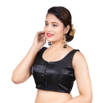 Party Wear Dupion Silk Black Plain Sleeveless Readymade blouse 1