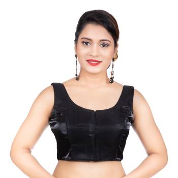 Party Wear Dupion Silk Black Plain Sleeveless Readymade blouse 2