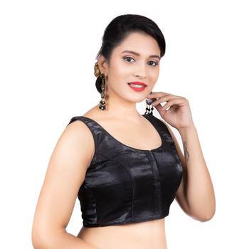 Party Wear Dupion Silk Black Plain Sleeveless Readymade blouse 3