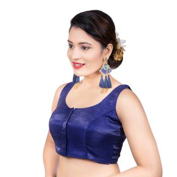 Party Wear Dupion Silk Navy Blue Plain Sleeveless Readymade blouse 1
