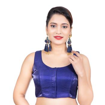 Party Wear Dupion Silk Navy Blue Plain Sleeveless Readymade blouse 2