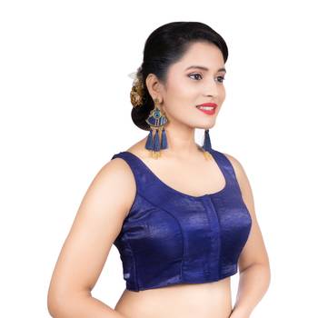 Party Wear Dupion Silk Navy Blue Plain Sleeveless Readymade blouse 3