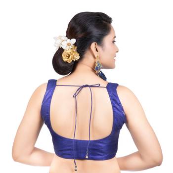 Party Wear Dupion Silk Navy Blue Plain Sleeveless Readymade blouse 4