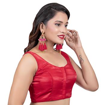 Red Dupion Silk Party Wear Plain Sleeveless Readymade blouse 3