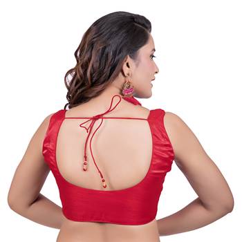 Red Dupion Silk Party Wear Plain Sleeveless Readymade blouse 4