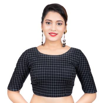 Fancy Round Neck Black Cotton Back Full Zipper Elbow Sleeves Readymade Long blouse 1