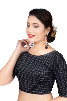 Fancy Round Neck Black Cotton Back Full Zipper Elbow Sleeves Readymade Long blouse