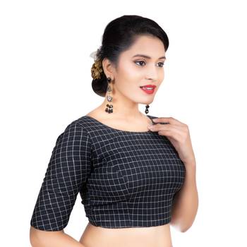 Fancy Round Neck Black Cotton Back Full Zipper Elbow Sleeves Readymade Long blouse 3