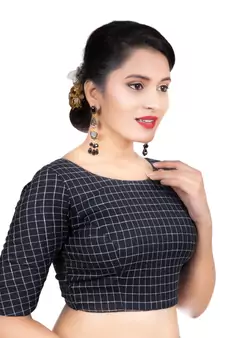 Fancy Round Neck Black Cotton Back Full Zipper Elbow Sleeves Readymade Long blouse