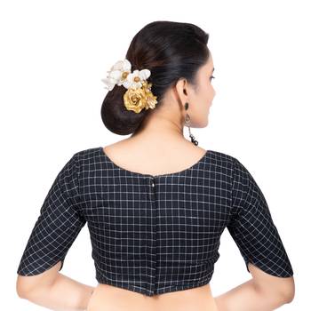 Fancy Round Neck Black Cotton Back Full Zipper Elbow Sleeves Readymade Long blouse 4
