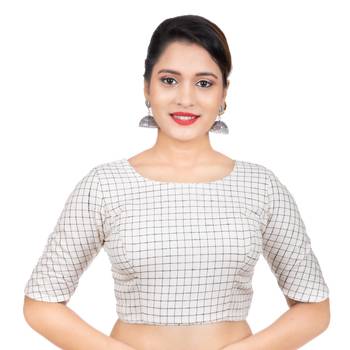 Fancy Round Neck White Cotton Back Full Zipper Elbow Sleeves Readymade Long blouse 1