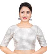 Fancy Round Neck White Cotton Back Full Zipper Elbow Sleeves Readymade Long blouse