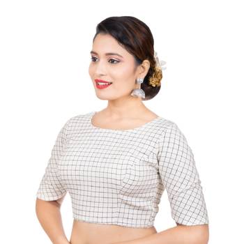 Fancy Round Neck White Cotton Back Full Zipper Elbow Sleeves Readymade Long blouse 2
