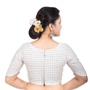 Fancy Round Neck White Cotton Back Full Zipper Elbow Sleeves Readymade Long blouse 3