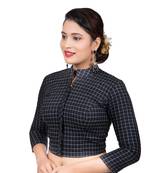 Black Cotton Stand Collar Full Zipper 3/4Th Sleeves Readymade Long blouse