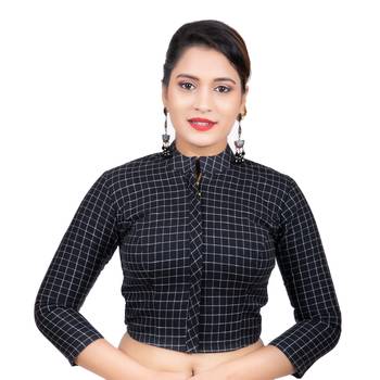 Black Cotton Stand Collar Full Zipper 3/4Th Sleeves Readymade Long blouse 2