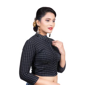 Black Cotton Stand Collar Full Zipper 3/4Th Sleeves Readymade Long blouse 3
