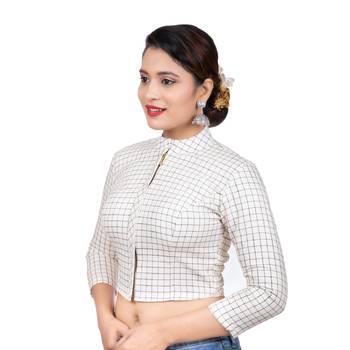 White Cotton Stand Collar Full Zipper 3/4Th Sleeves Readymade Long blouse 1