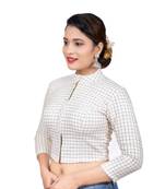 White Cotton Stand Collar Full Zipper 3/4Th Sleeves Readymade Long blouse