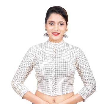 White Cotton Stand Collar Full Zipper 3/4Th Sleeves Readymade Long blouse 2