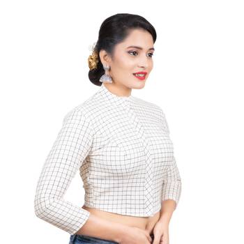 White Cotton Stand Collar Full Zipper 3/4Th Sleeves Readymade Long blouse 3