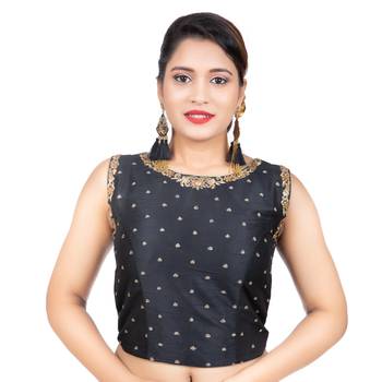 Black Tussar Silk Stone Work Sleeveless Back Full Zip Readymade Saree Long Blouse 1