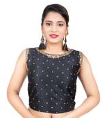 Black Tussar Silk Stone Work Sleeveless Back Full Zip Readymade Saree Long Blouse