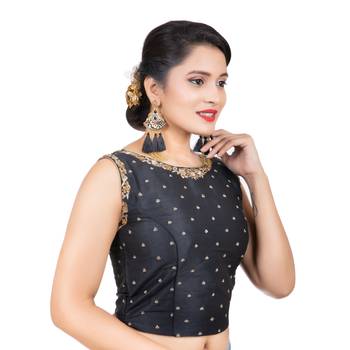 Black Tussar Silk Stone Work Sleeveless Back Full Zip Readymade Saree Long Blouse 3