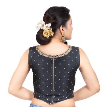 Black Tussar Silk Stone Work Sleeveless Back Full Zip Readymade Saree Long Blouse 4