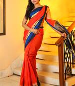 Orange Chanderi Silk Saree With Blue Border And Zari Pallu