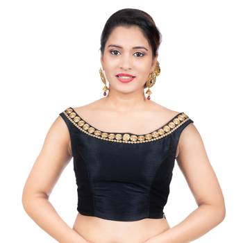 Black Boat Neck Dupion Silk Off Shoulder Sleeveless Side Zipper Readymade blouse 1