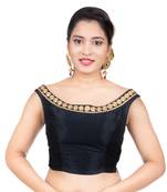 Black Boat Neck Dupion Silk Off Shoulder Sleeveless Side Zipper Readymade blouse