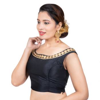 Black Boat Neck Dupion Silk Off Shoulder Sleeveless Side Zipper Readymade blouse 2