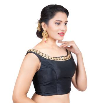 Black Boat Neck Dupion Silk Off Shoulder Sleeveless Side Zipper Readymade blouse 3
