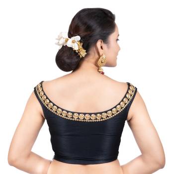 Black Boat Neck Dupion Silk Off Shoulder Sleeveless Side Zipper Readymade blouse 4