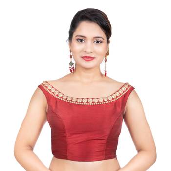 Maroon Boat Neck Dupion Silk Off Shoulder Sleeveless Side Zipper Readymade blouse 1