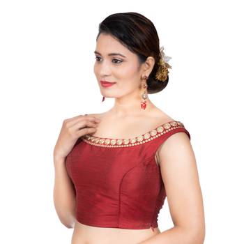 Maroon Boat Neck Dupion Silk Off Shoulder Sleeveless Side Zipper Readymade blouse 2