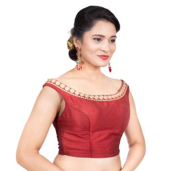 Maroon Boat Neck Dupion Silk Off Shoulder Sleeveless Side Zipper Readymade blouse 3