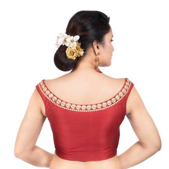Maroon Boat Neck Dupion Silk Off Shoulder Sleeveless Side Zipper Readymade blouse 4