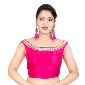 Pink Blue Boat Neck Dupion Silk Off Shoulder Sleeveless Side Zipper Readymade blouse 1