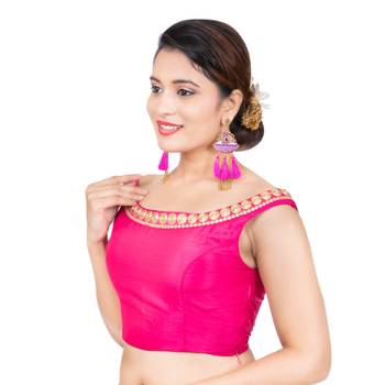 Pink Blue Boat Neck Dupion Silk Off Shoulder Sleeveless Side Zipper Readymade blouse 2
