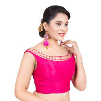 Pink Blue Boat Neck Dupion Silk Off Shoulder Sleeveless Side Zipper Readymade blouse 3
